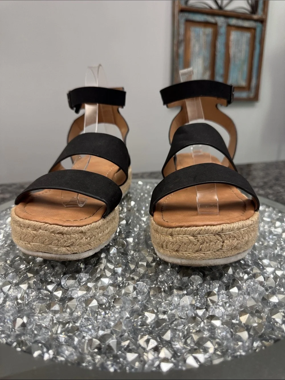 Black Platform Espadrille Sandals with Ankle Strap EUC 8.5